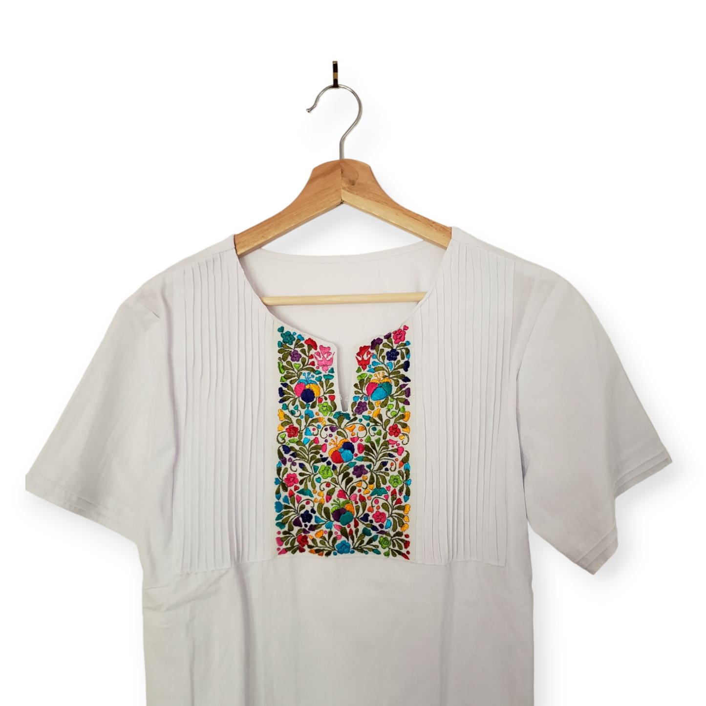 Traditional Mexican Embroidered Pleated Shirt Floral Top Blouse Handmade Oaxaca Floral
