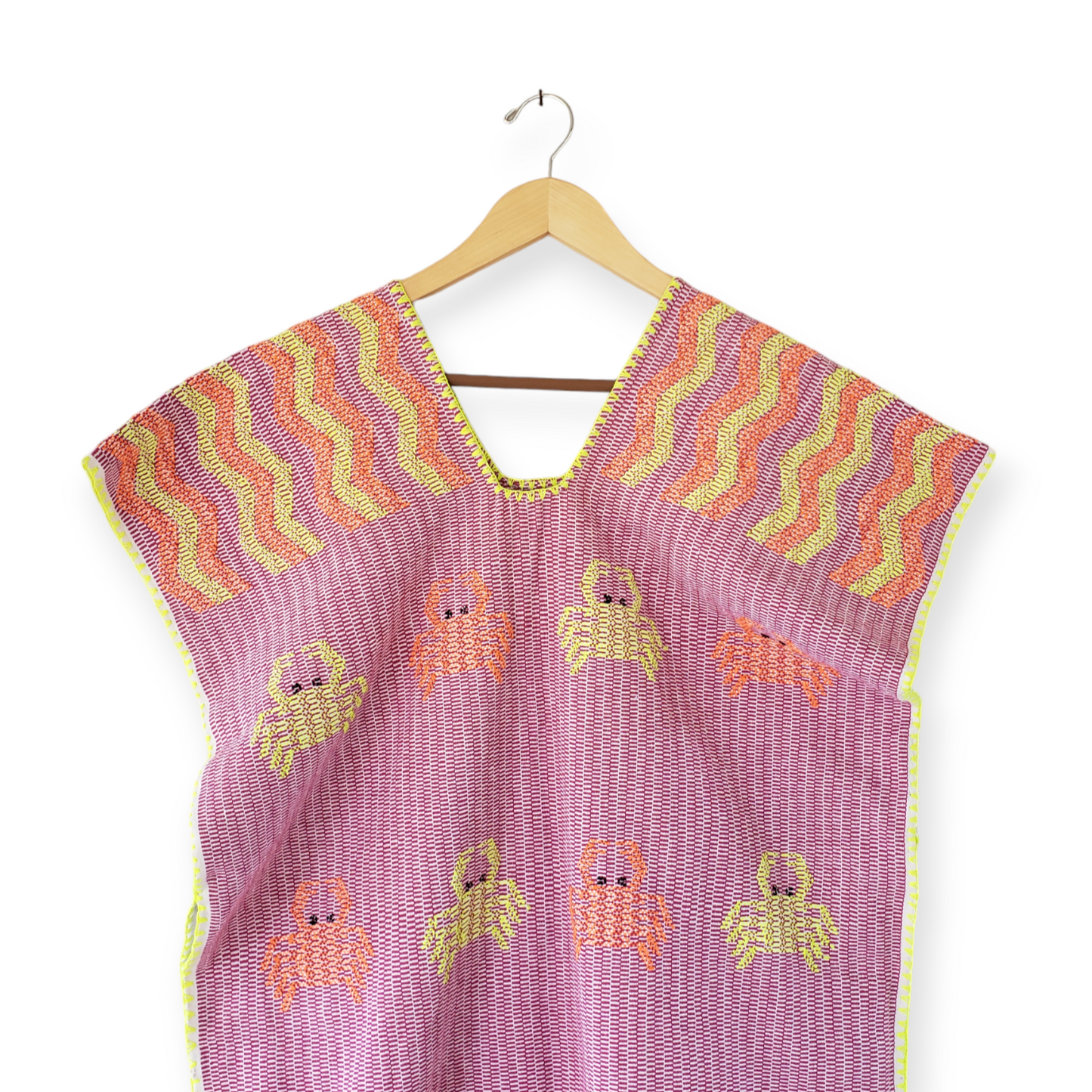 San Juan Colorado Huipil Mexican Kaftan - Pink with Crabs