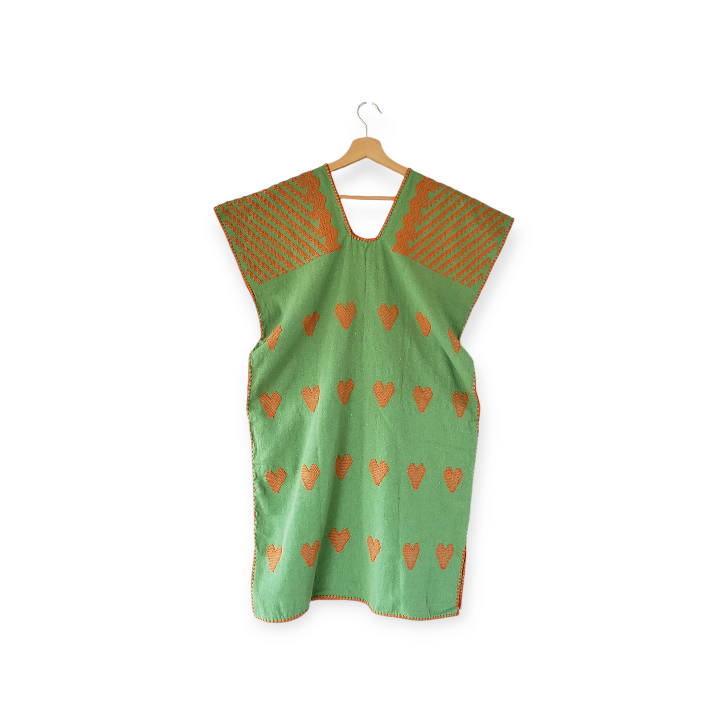 San Juan Colorado Huipil Tunic Dress - Green/Orange Heart