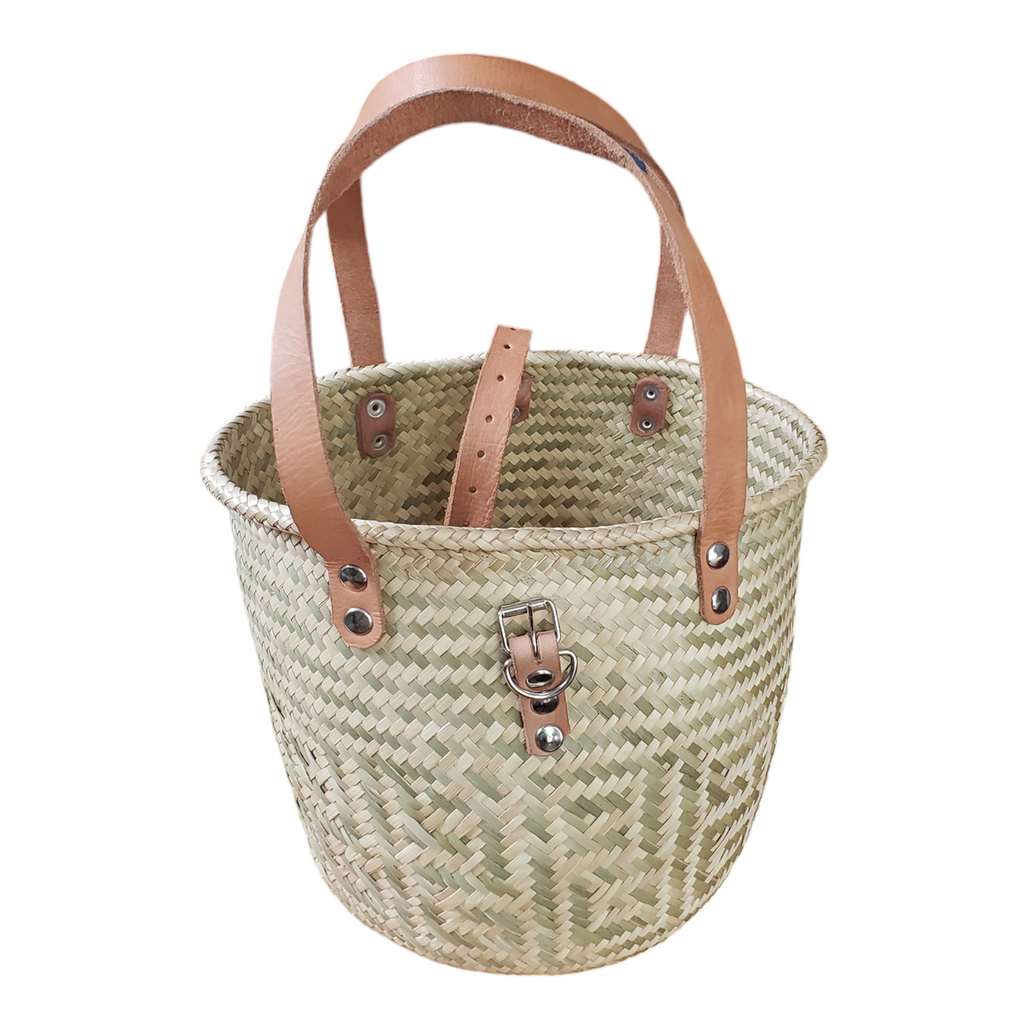 Large Two Tone Oaxacan Palm Basket Bag with Leather Strap from Mexico
