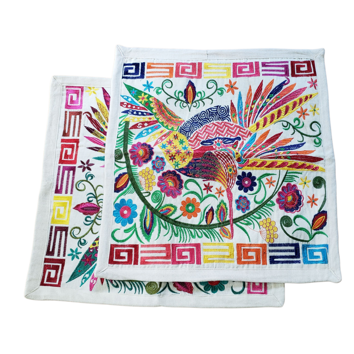 Set of 2 Mexican Embroidered Pillow Covers Decorative Pillow Case - Birds - 19"x19"
