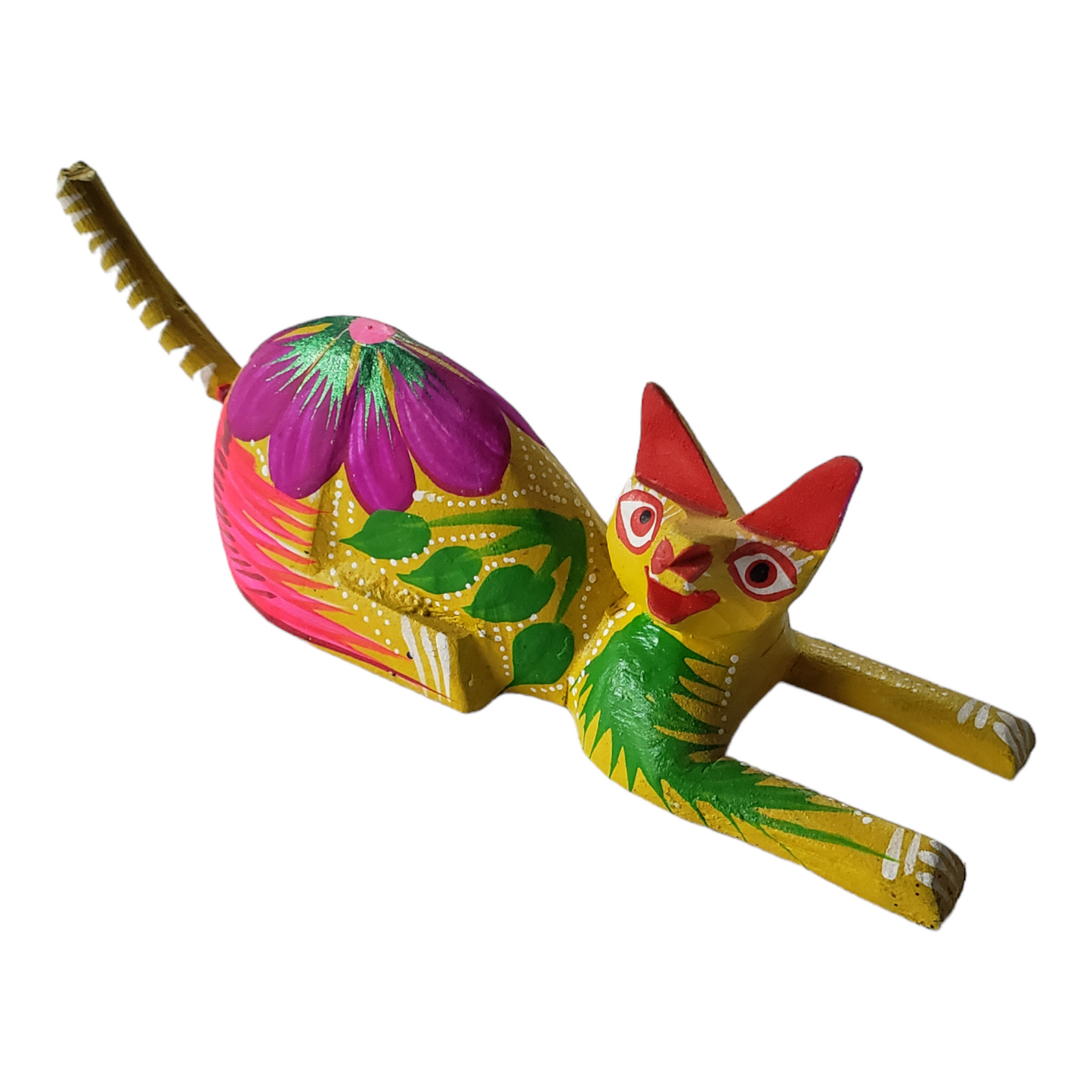 CAT Alebrije Floral Mexican Wood-carving Folk Art