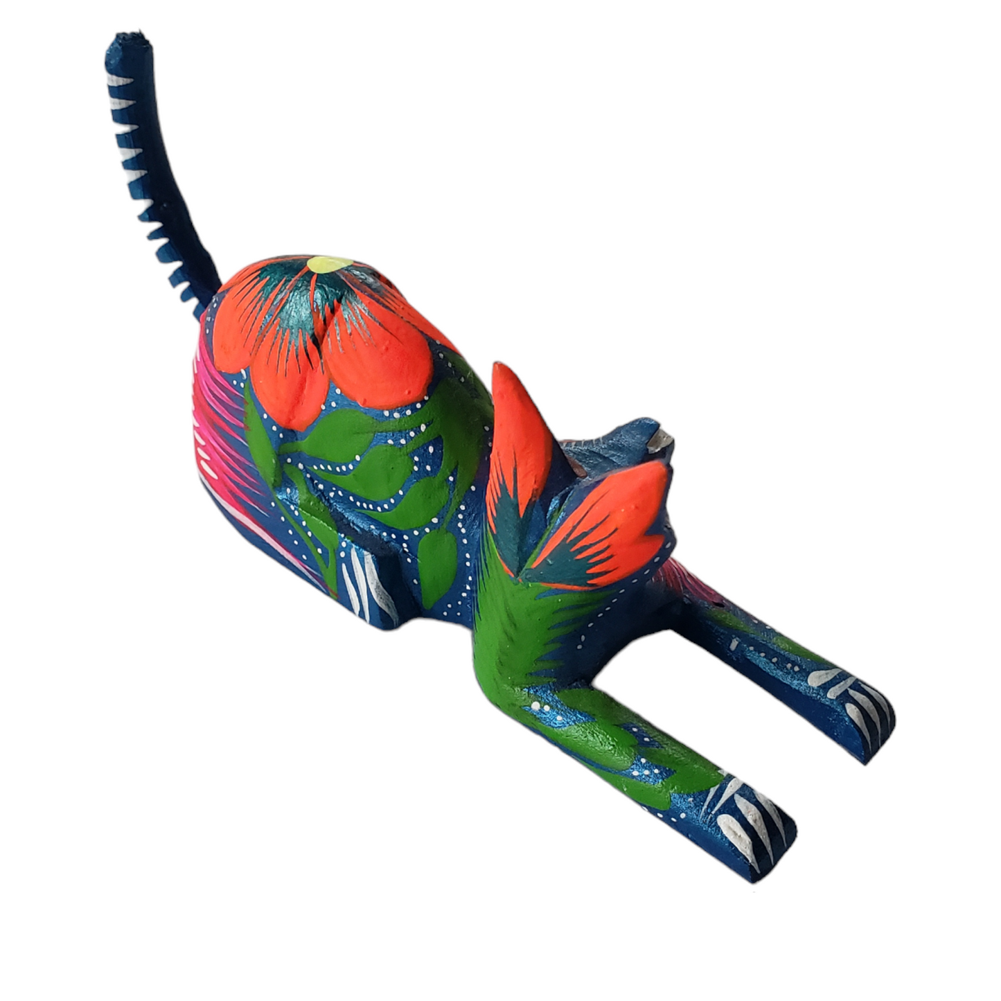 CAT Alebrije Floral Mexican Wood-carving Folk Art