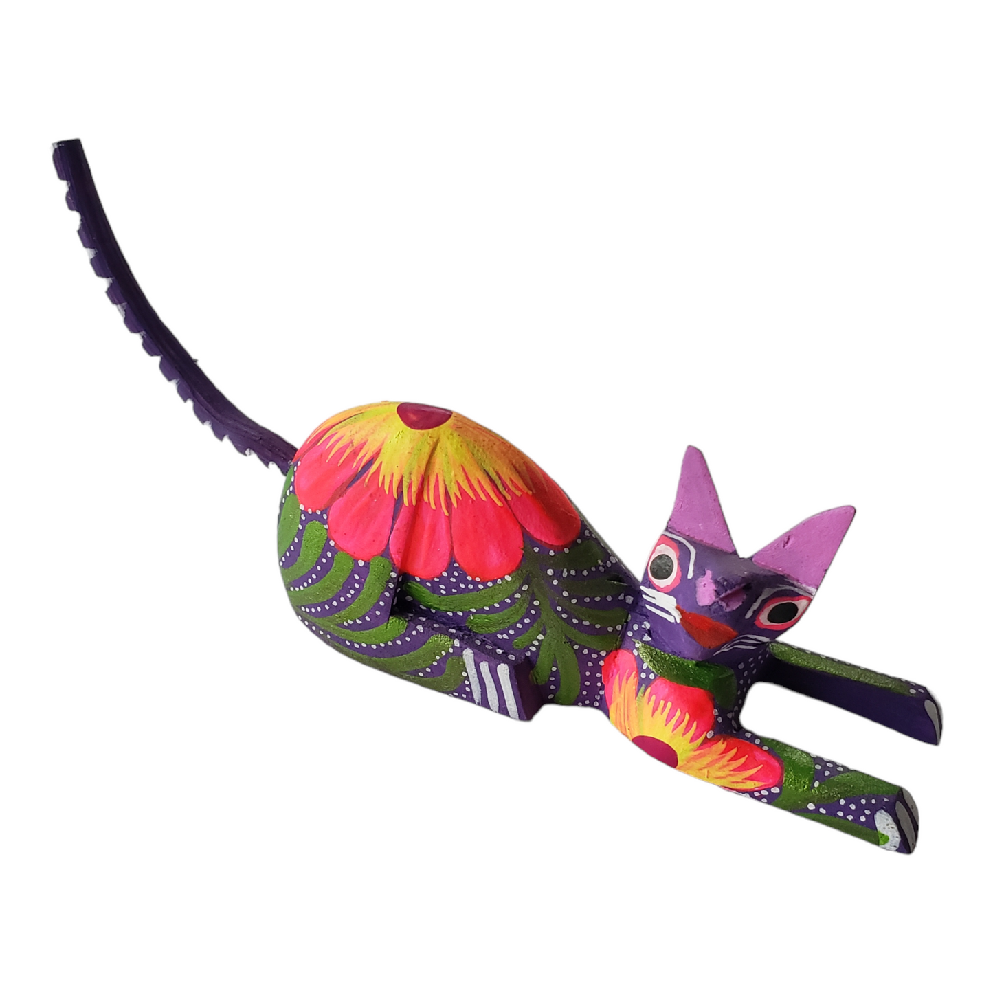 CAT Alebrije Floral Mexican Wood-carving Folk Art