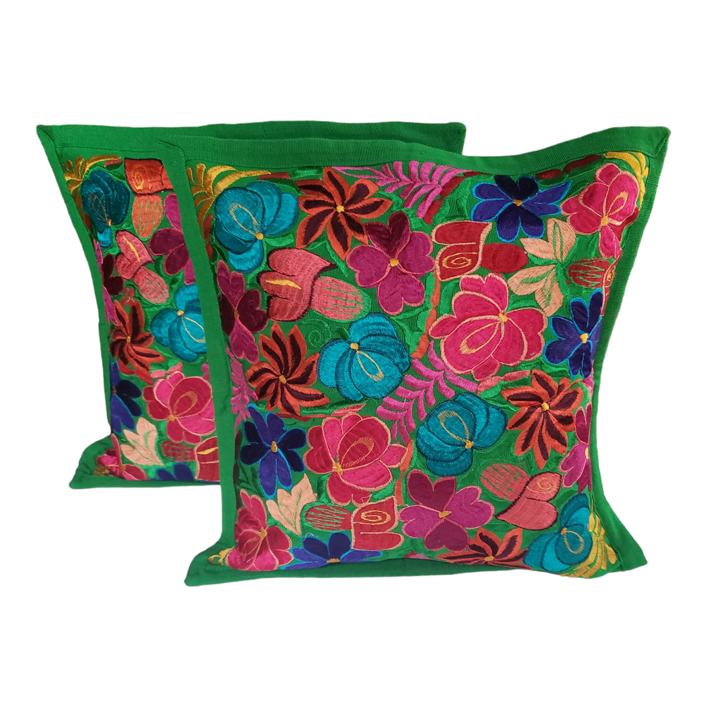 Set of 2 Mexican Pillow Covers Oaxaca Handmade Floral Embroidered Decorative Pillow Case 19"x19"