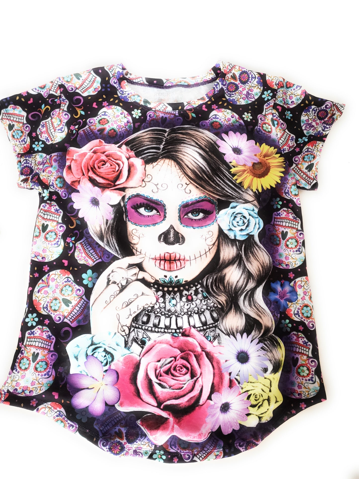 La Catrina Mexican T-Shirt Sugar Skull Full Print Graphic Tee Dia De Muertos - The Little Pueblo