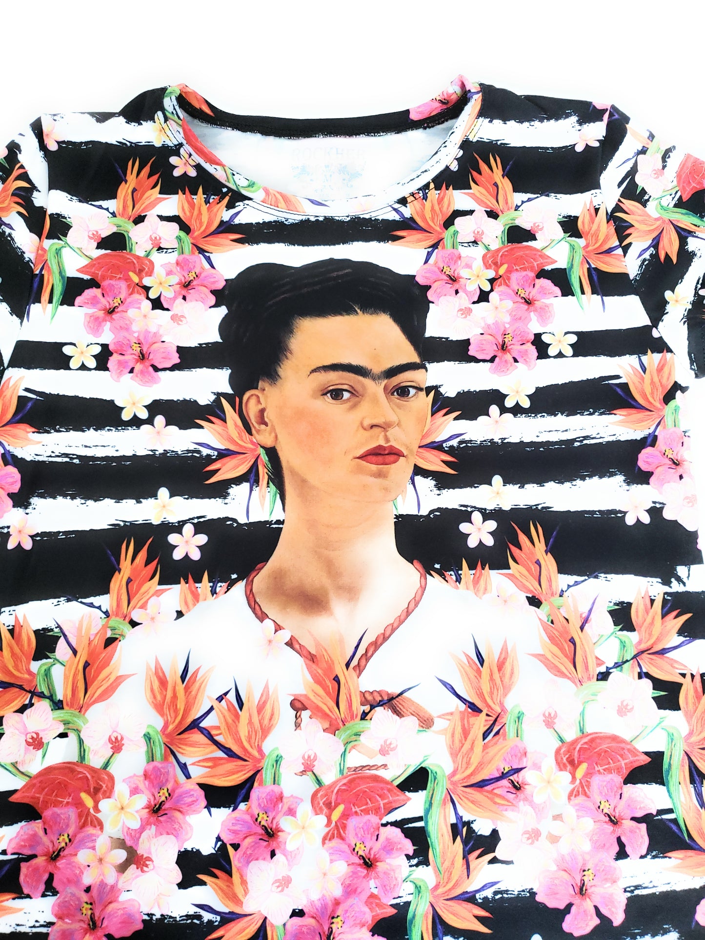 Frida Kahlo Full Print Graphic Tee Mexican T-Shirt Black Striped - The Little Pueblo