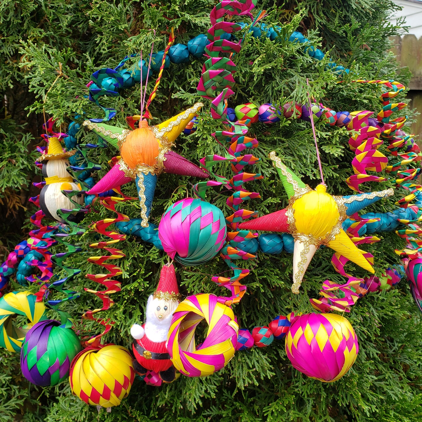 Set of 6 Mexican Palm Leaf Handmade Weaved Christmas Ornaments