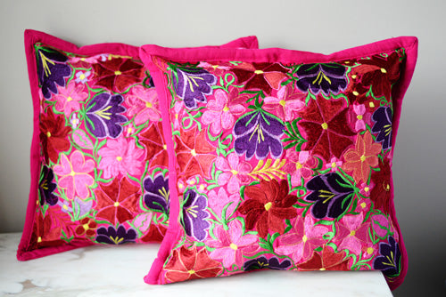 Set of 2 Mexican Pillow Covers Oaxaca Handmade Floral Embroidered Decorative Pillow Case 19"x19" - The Little Pueblo