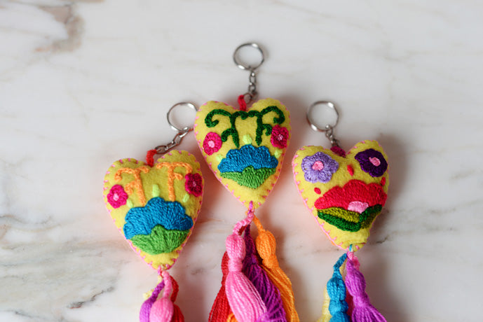 Mexican Heart Keychain with Tassels from Chiapas, Mexico - The Little Pueblo