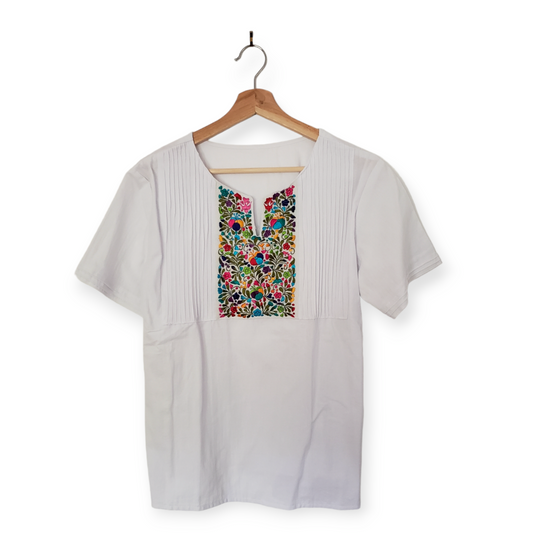 Traditional Mexican Embroidered Pleated Shirt Floral Top Blouse Handmade Oaxaca Floral