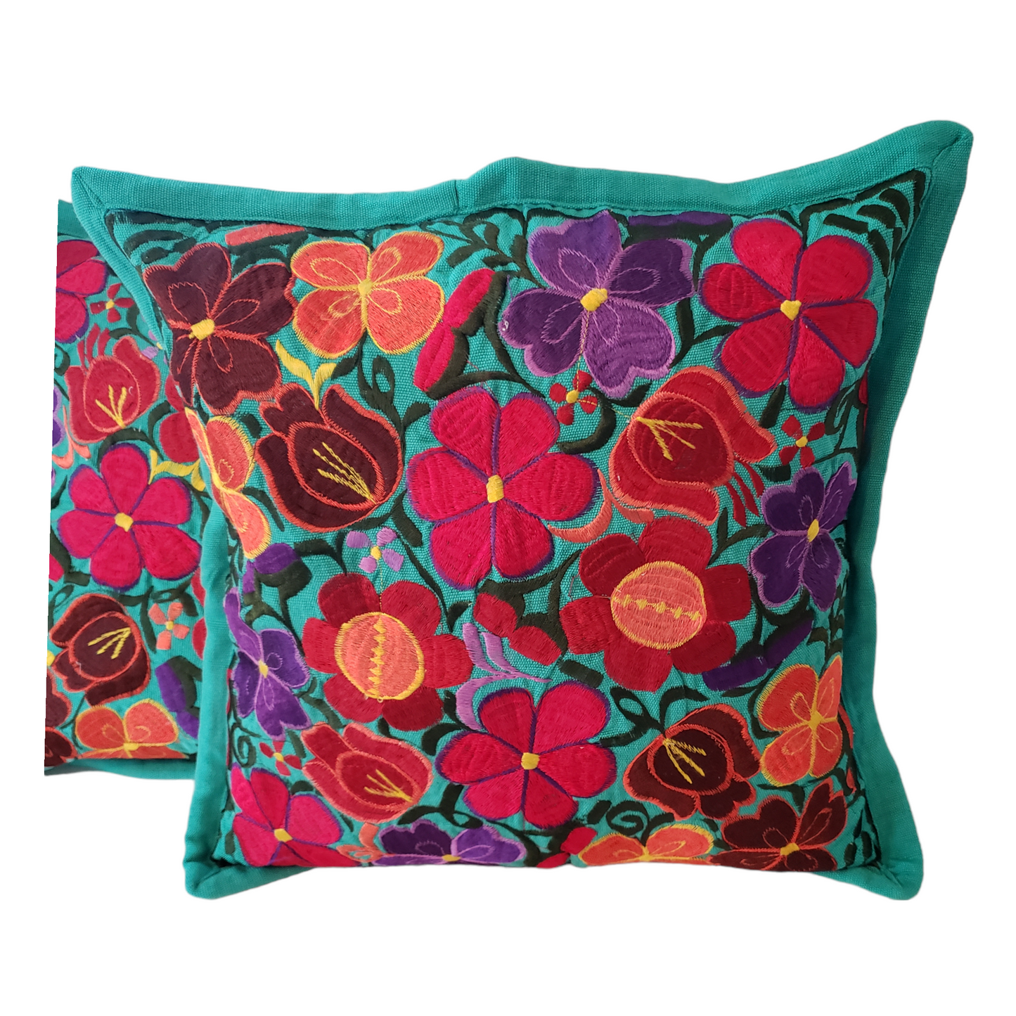 Set of 2 Mexican Pillow Covers Oaxaca Handmade Floral Embroidered Decorative Pillow Case 19"x19"