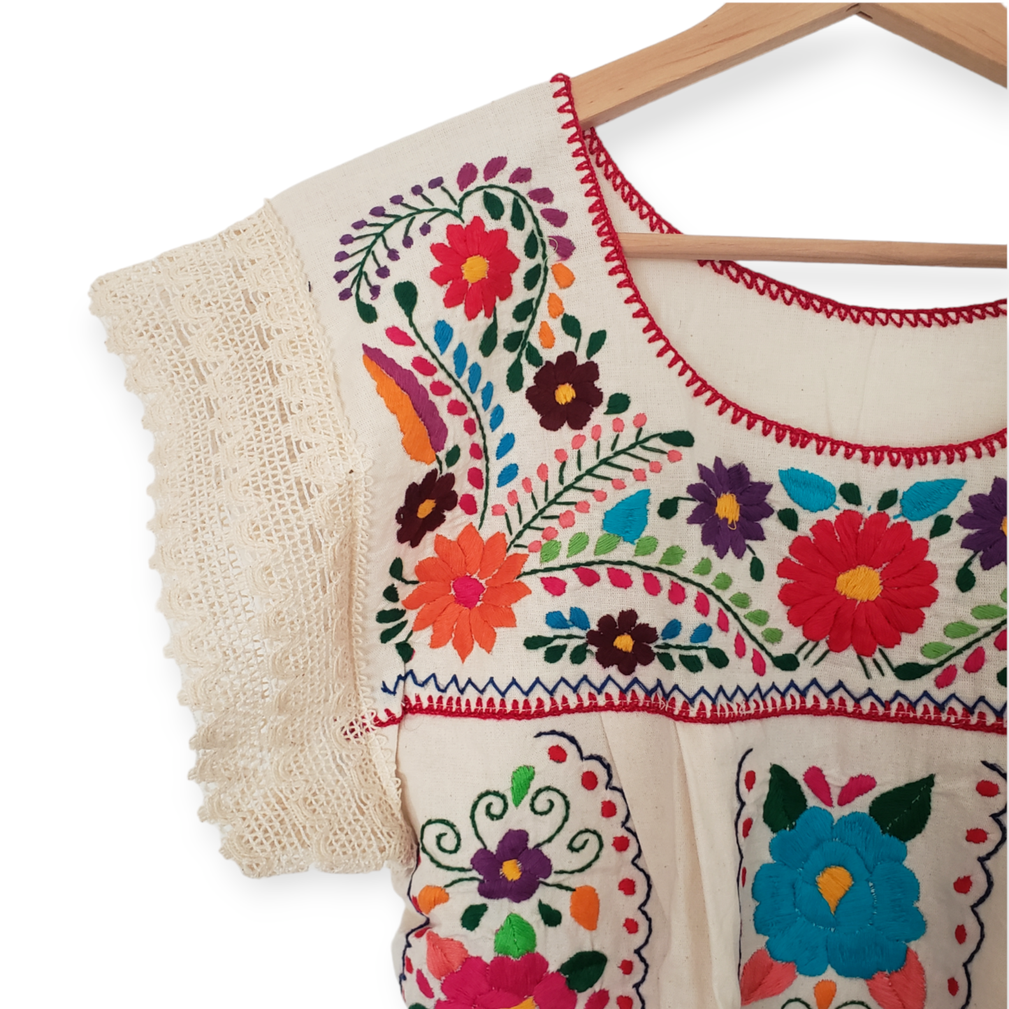 Traditional Mexican Embroidered Shirt Floral Top Blouse Handmade Beige Gypsy Hippie Ethnic Peasant Boho  Oaxaca Floral