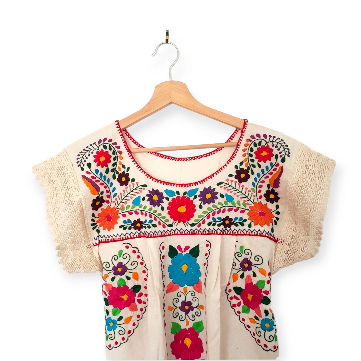 Traditional Mexican Embroidered Shirt Floral Top Blouse Handmade Beige ...
