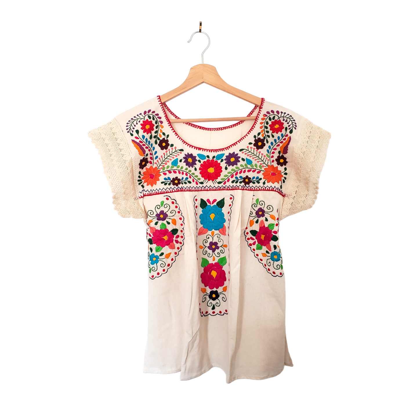 Traditional Mexican Embroidered Shirt Floral Top Blouse Handmade Beige Gypsy Hippie Ethnic Peasant Boho  Oaxaca Floral