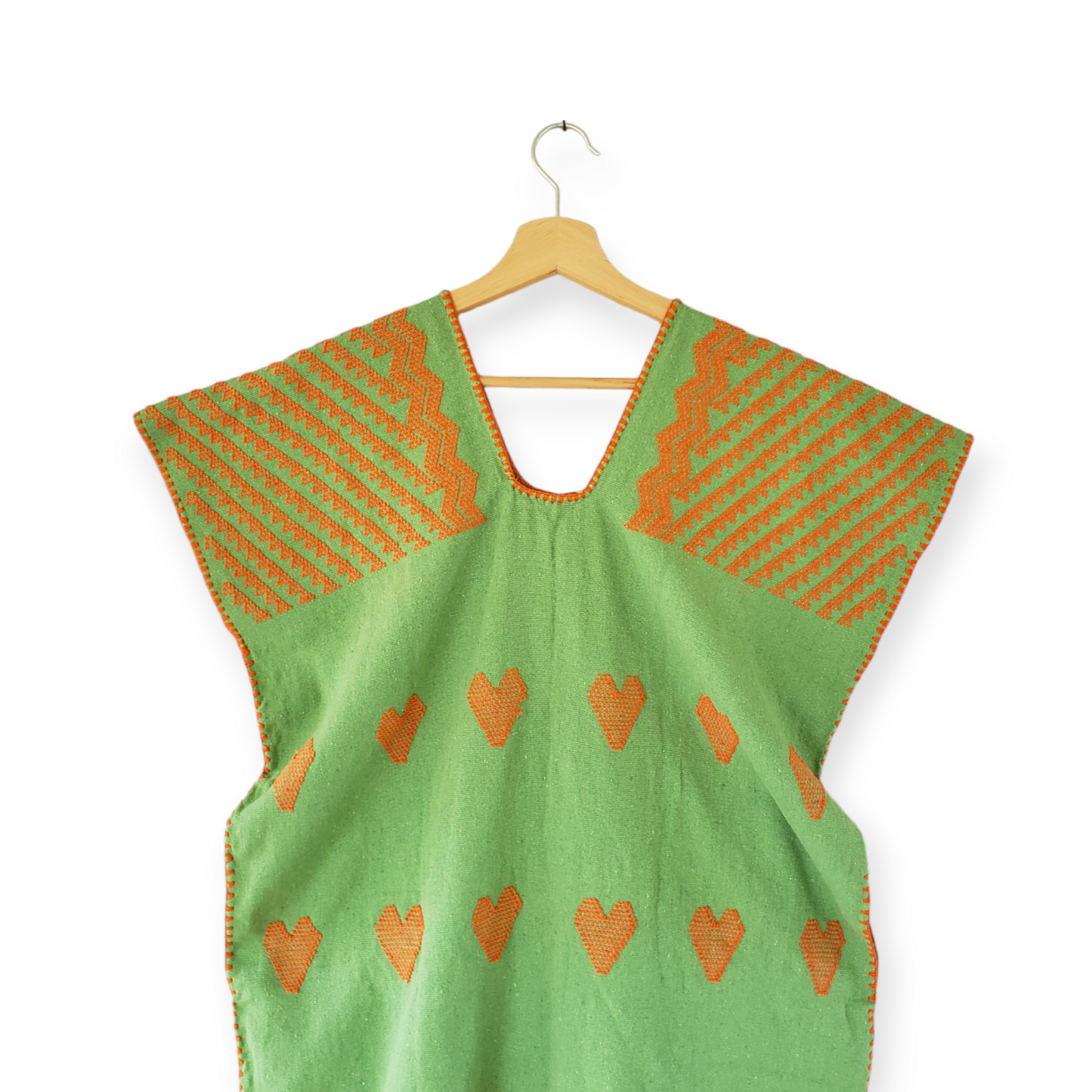 San Juan Colorado Huipil Tunic Dress - Green/Orange Heart