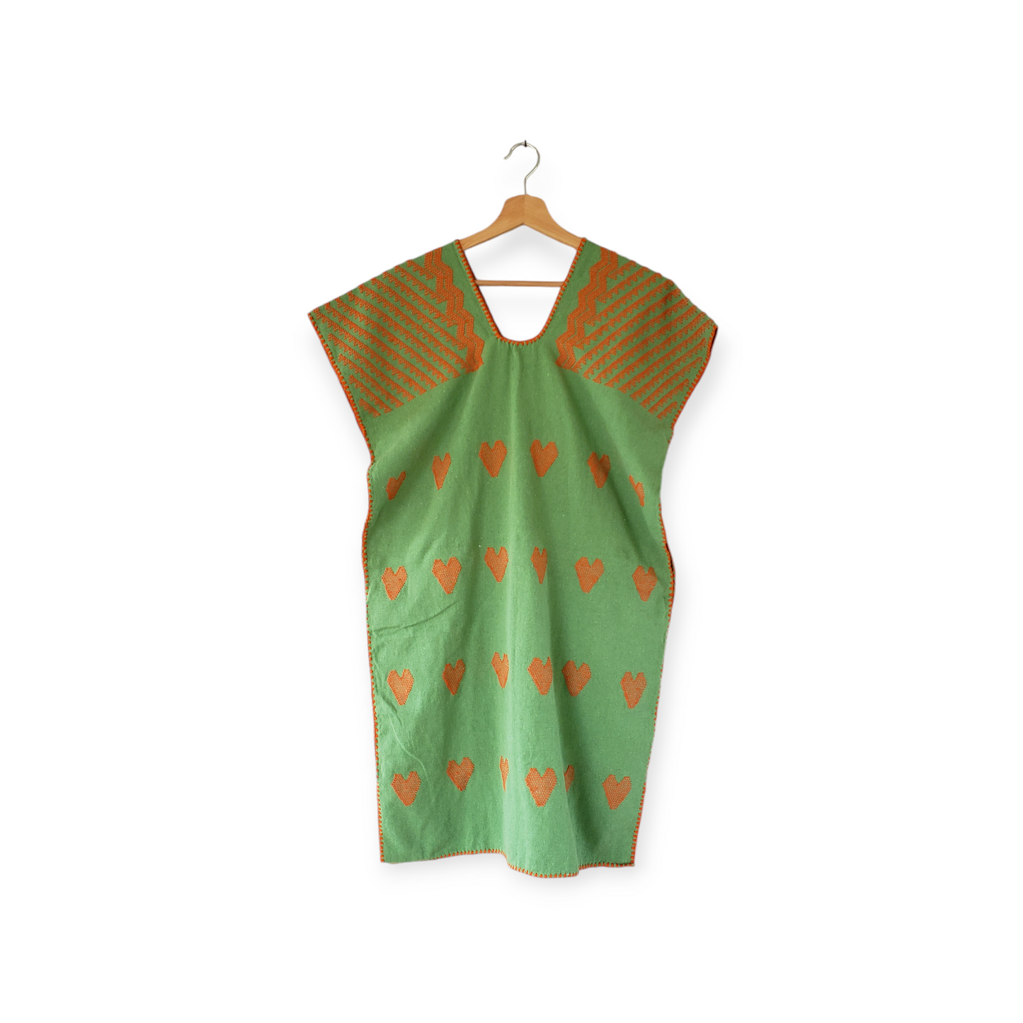 San Juan Colorado Huipil Tunic Dress - Green/Orange Heart