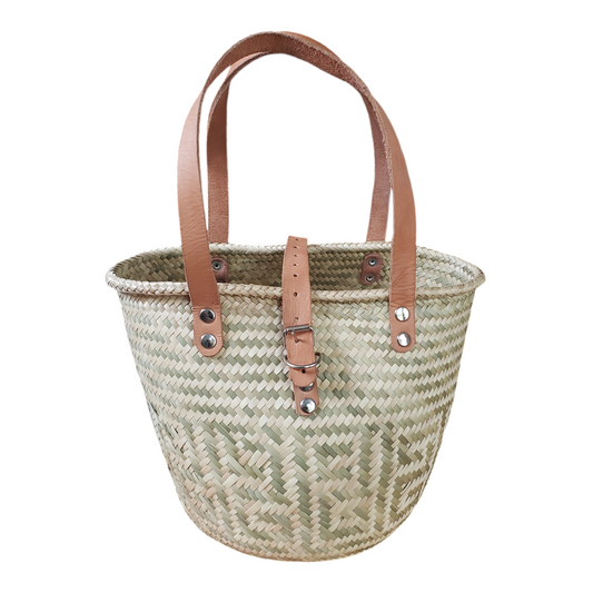 Large Two Tone Oaxacan Palm Basket Bag with Leather Strap from Mexico