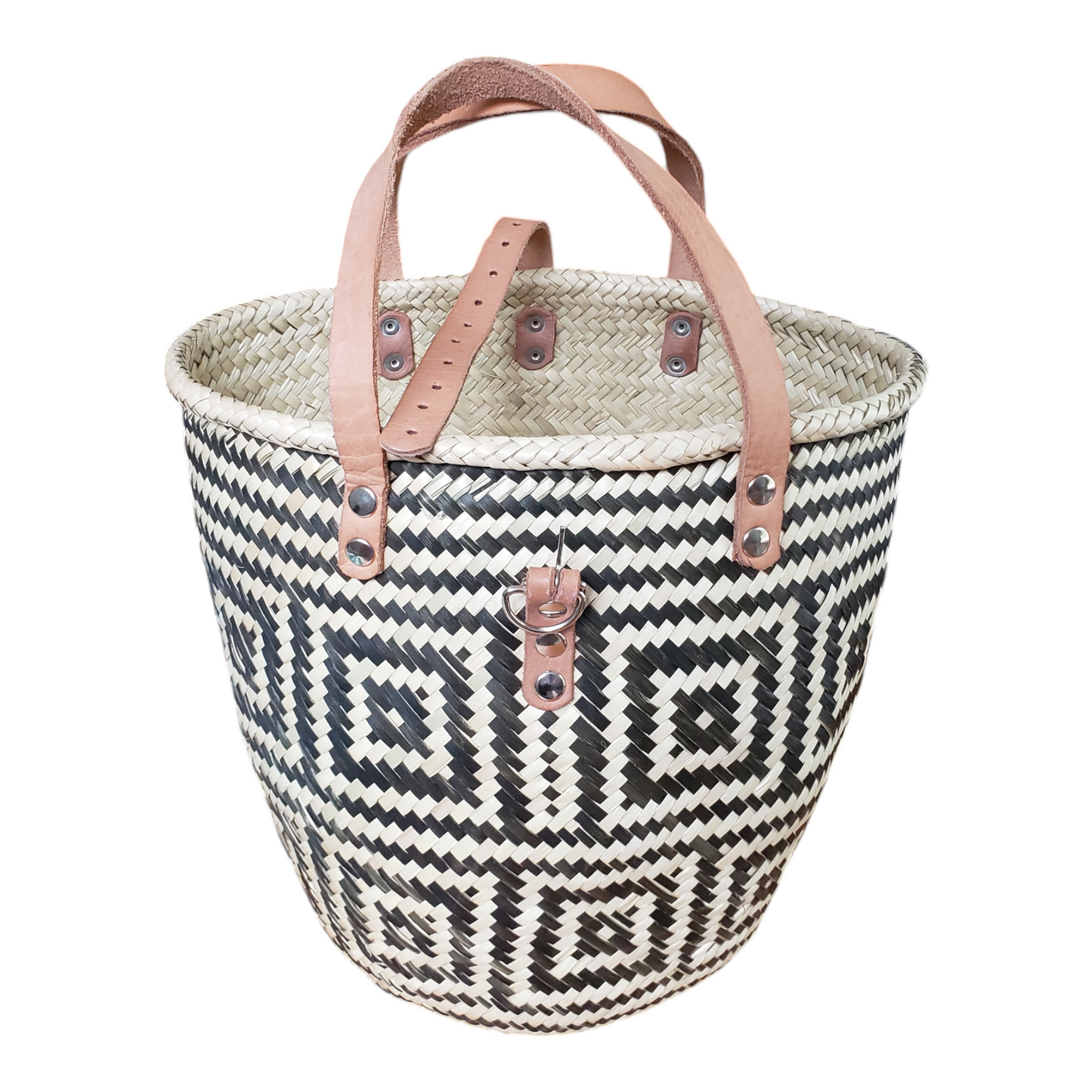 Large Pattern Oaxacan Palm Basket Bag with Leather Strap from Mexico