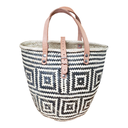 Large Pattern Oaxacan Palm Basket Bag with Leather Strap from Mexico