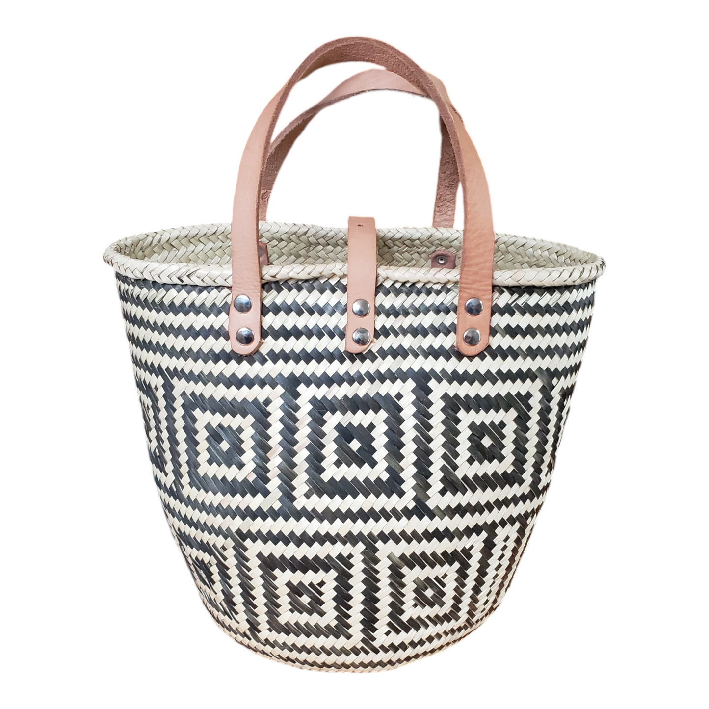 Large Pattern Oaxacan Palm Basket Bag with Leather Strap from Mexico