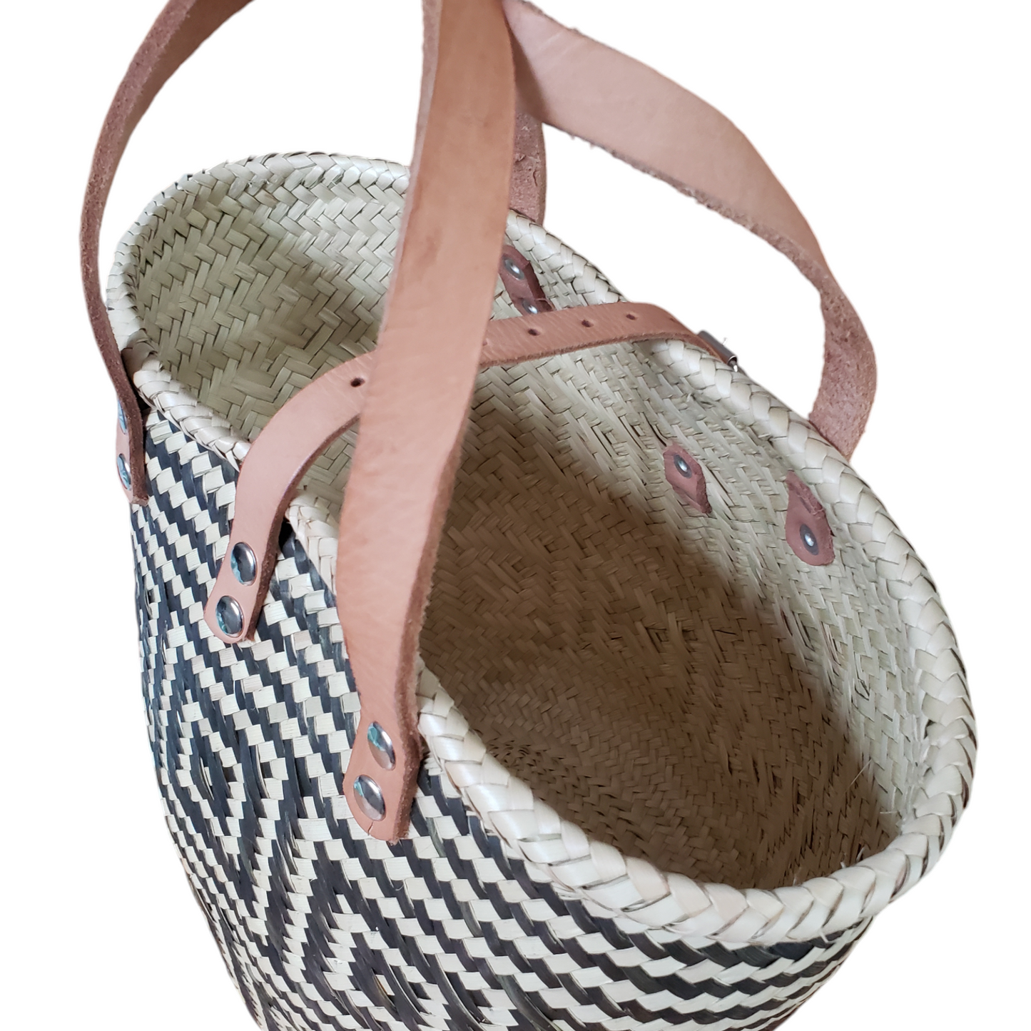 Large Pattern Oaxacan Palm Basket Bag with Leather Strap from Mexico