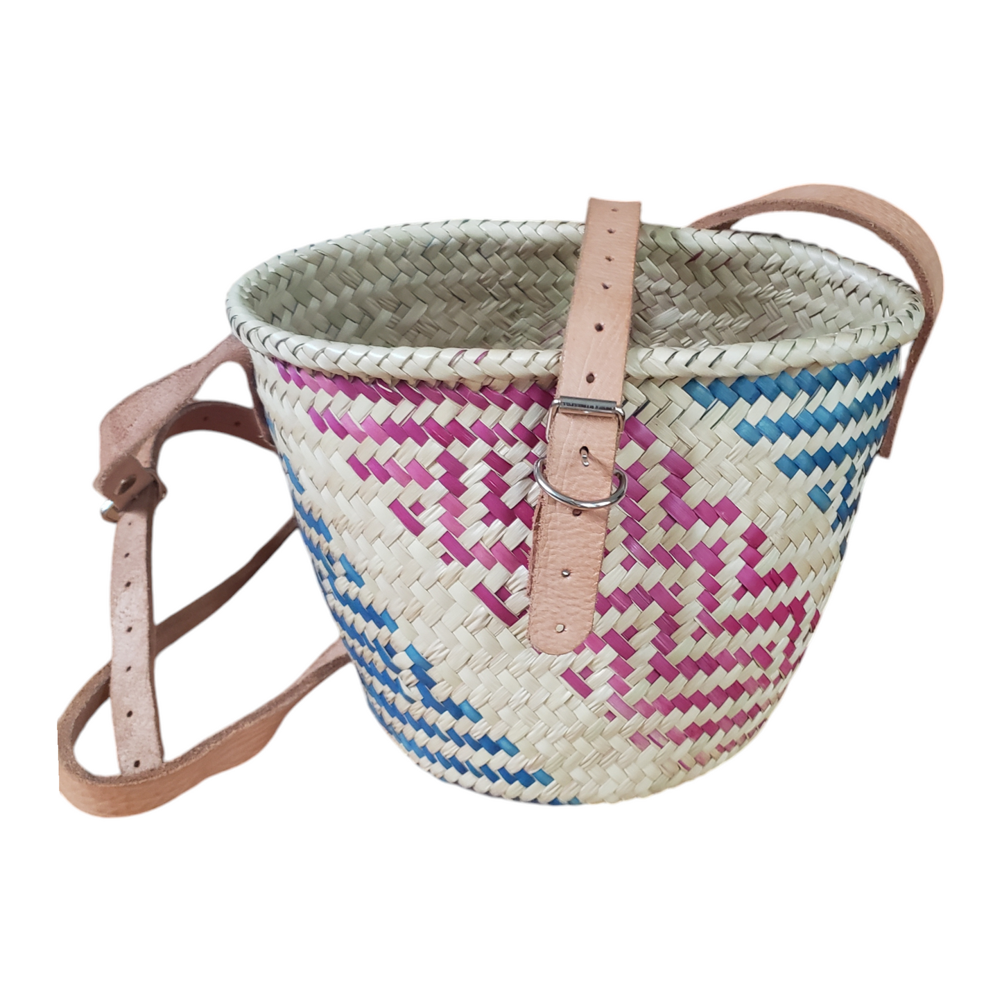 Multicolor Medium Oaxacan Palm Basket Bag with Leather Strap from Mexico