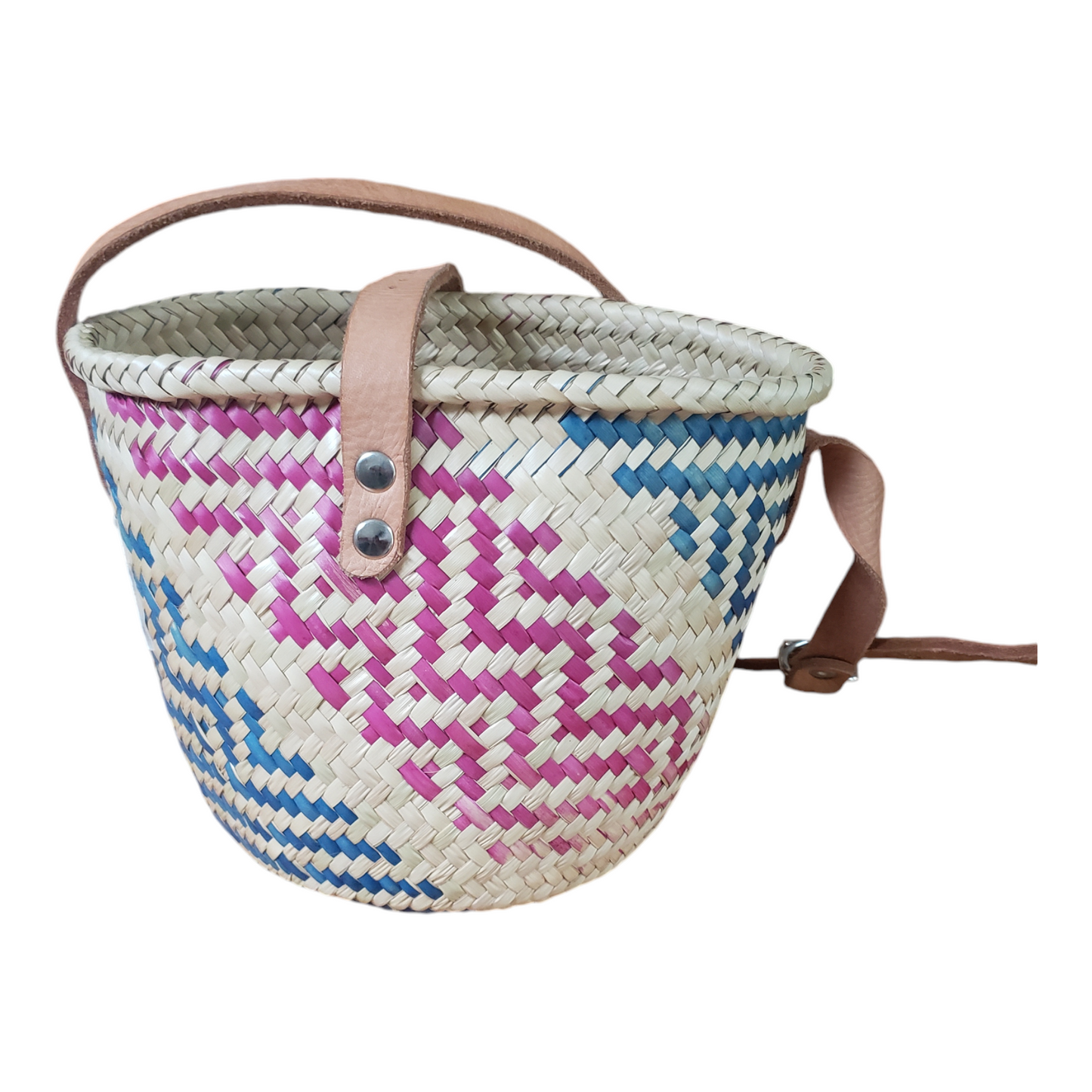 Multicolor Medium Oaxacan Palm Basket Bag with Leather Strap from Mexico