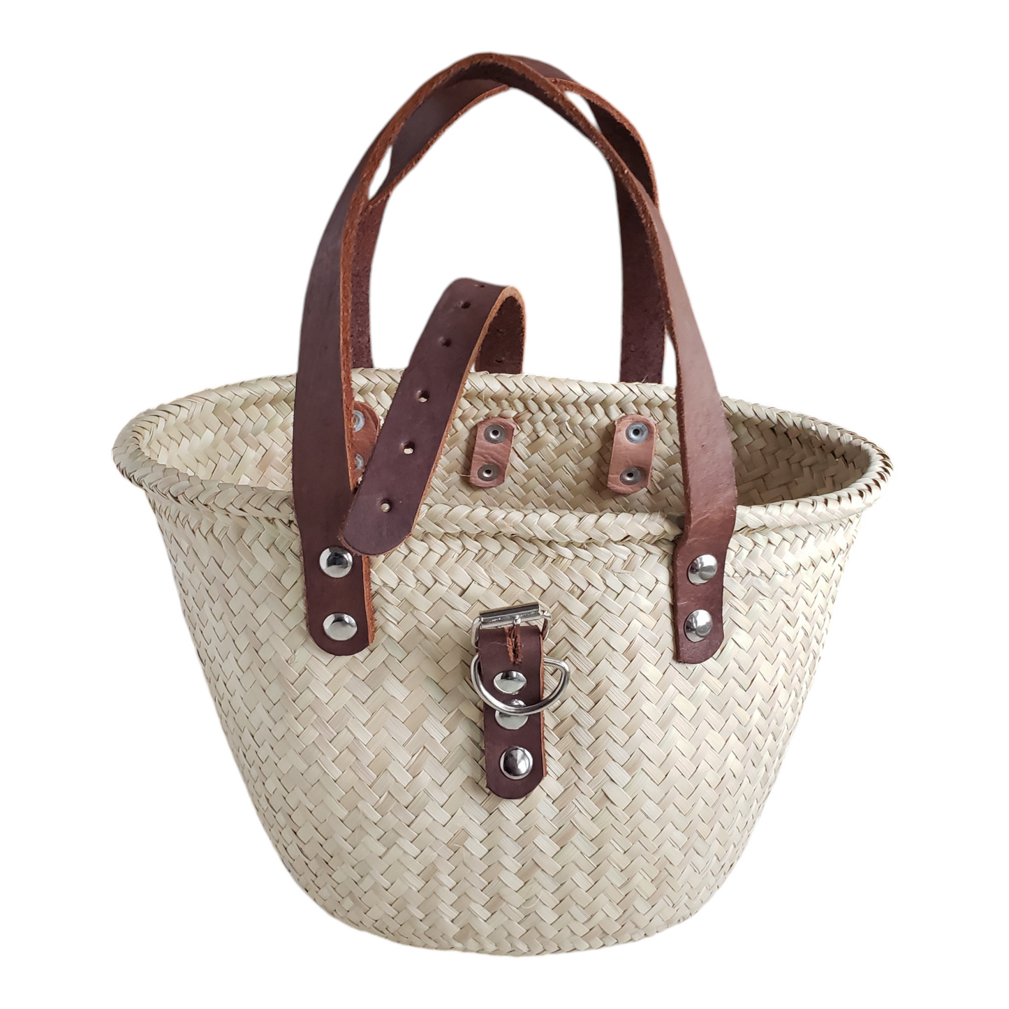 Medium Oaxacan Palm Basket Bag with Leather Strap from Mexico