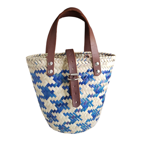 Blue Medium Oaxacan Palm Basket Bag with Leather Strap from Mexico