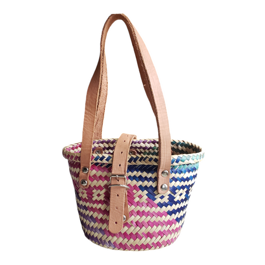 Small Multicolor Oaxacan Palm Basket Bag with Leather Strap from Mexico