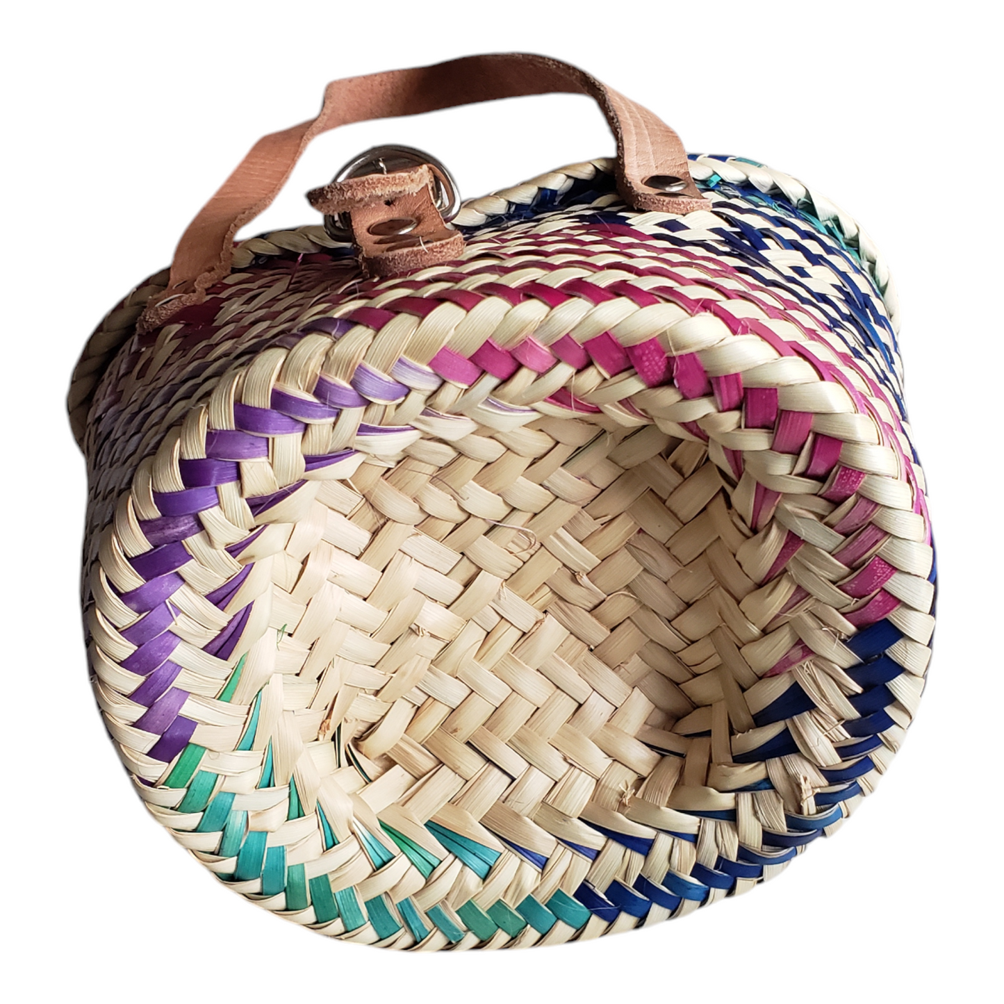 Small Multicolor Oaxacan Palm Basket Bag with Leather Strap from Mexico