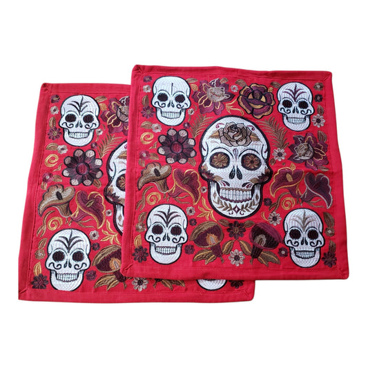 Set of 2 Mexican Embroidered Pillow Covers Decorative Pillow Case - Dia de Muertos - 19"x19"