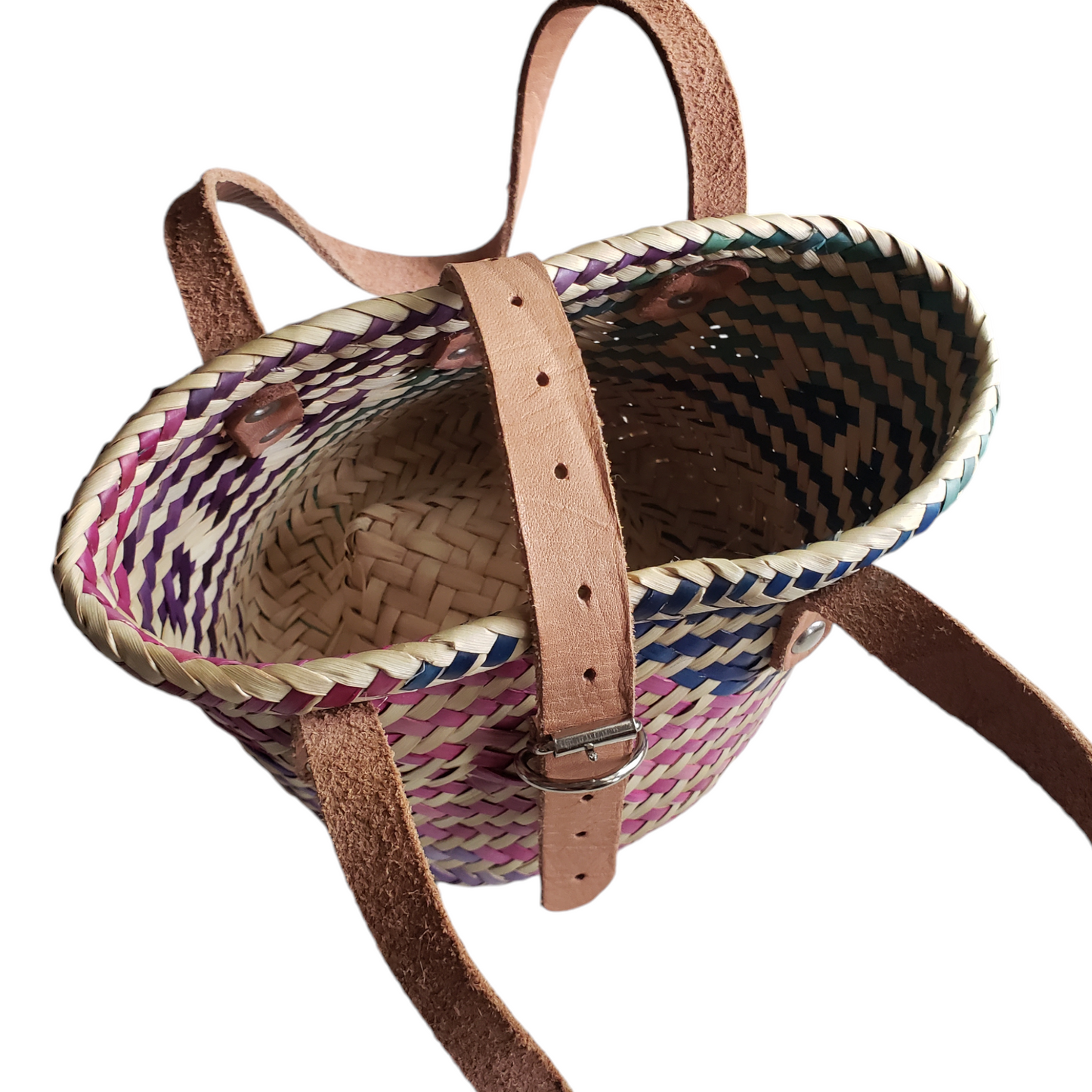 Small Multicolor Oaxacan Palm Basket Bag with Leather Strap from Mexico