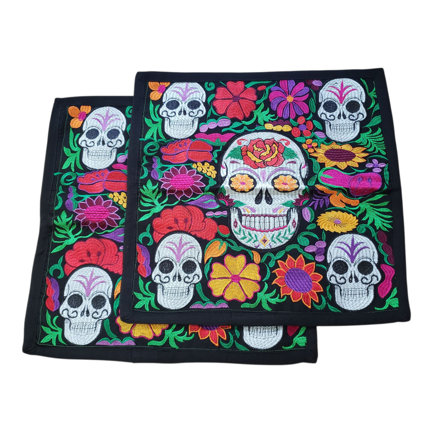 Set of 2 Mexican Embroidered Pillow Covers Decorative Pillow Case - Dia de Muertos - 19"x19"