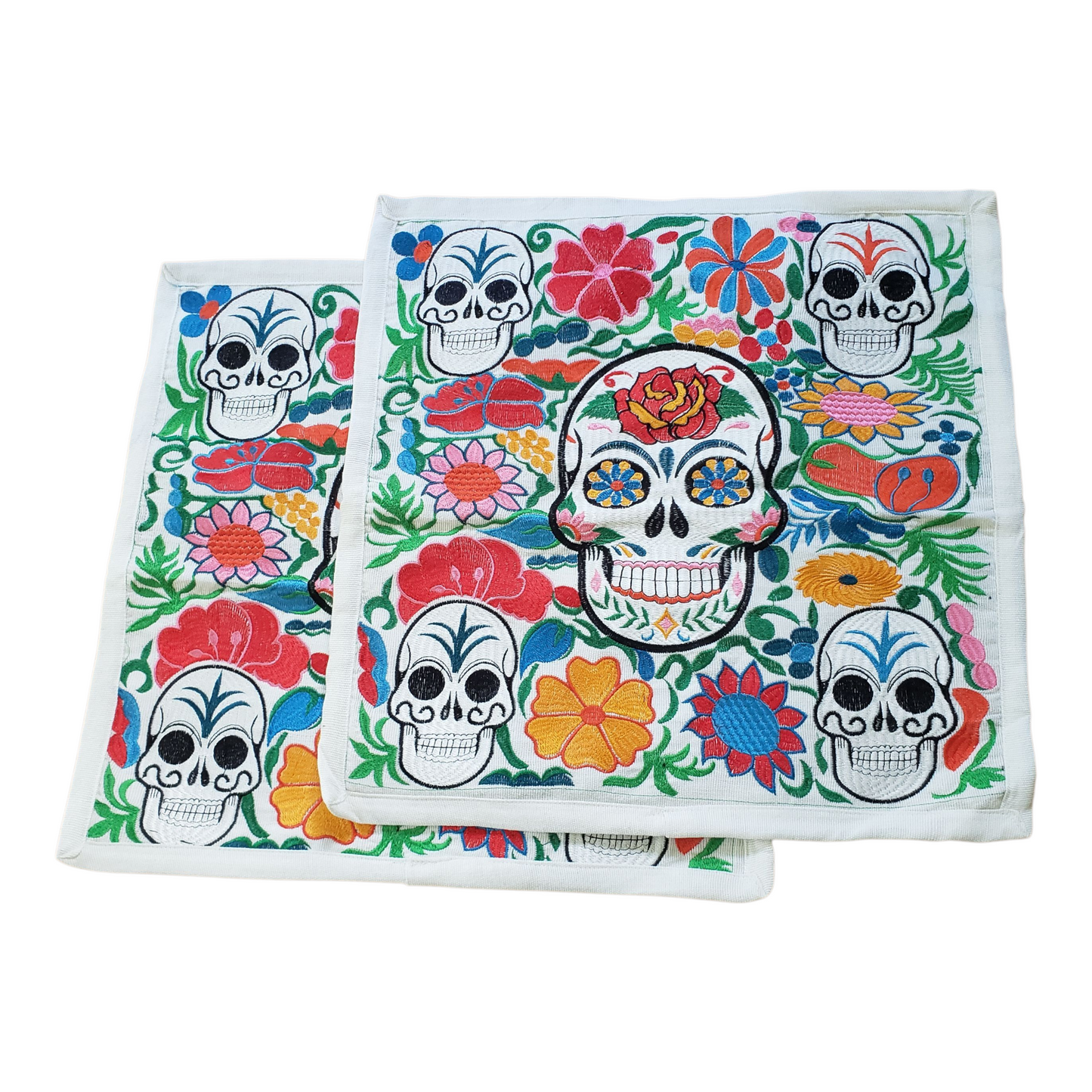Set of 2 Mexican Embroidered Pillow Covers Decorative Pillow Case - Dia de Muertos - 19"x19"