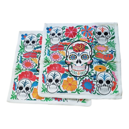 Set of 2 Mexican Embroidered Pillow Covers Decorative Pillow Case - Dia de Muertos - 19"x19"