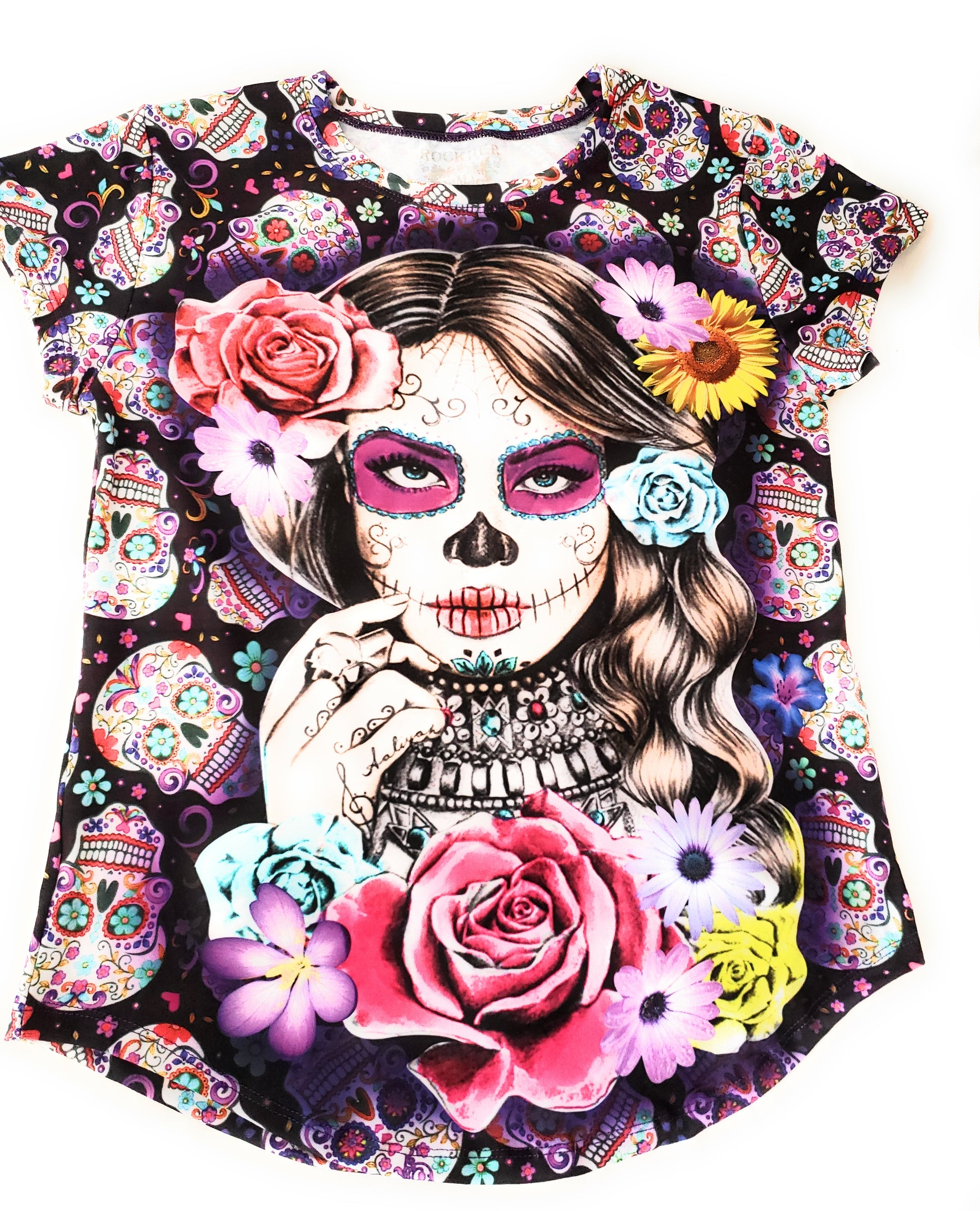 La Catrina Mexican T-Shirt Sugar Skull Full Print Graphic Tee Dia De Muertos - The Little Pueblo