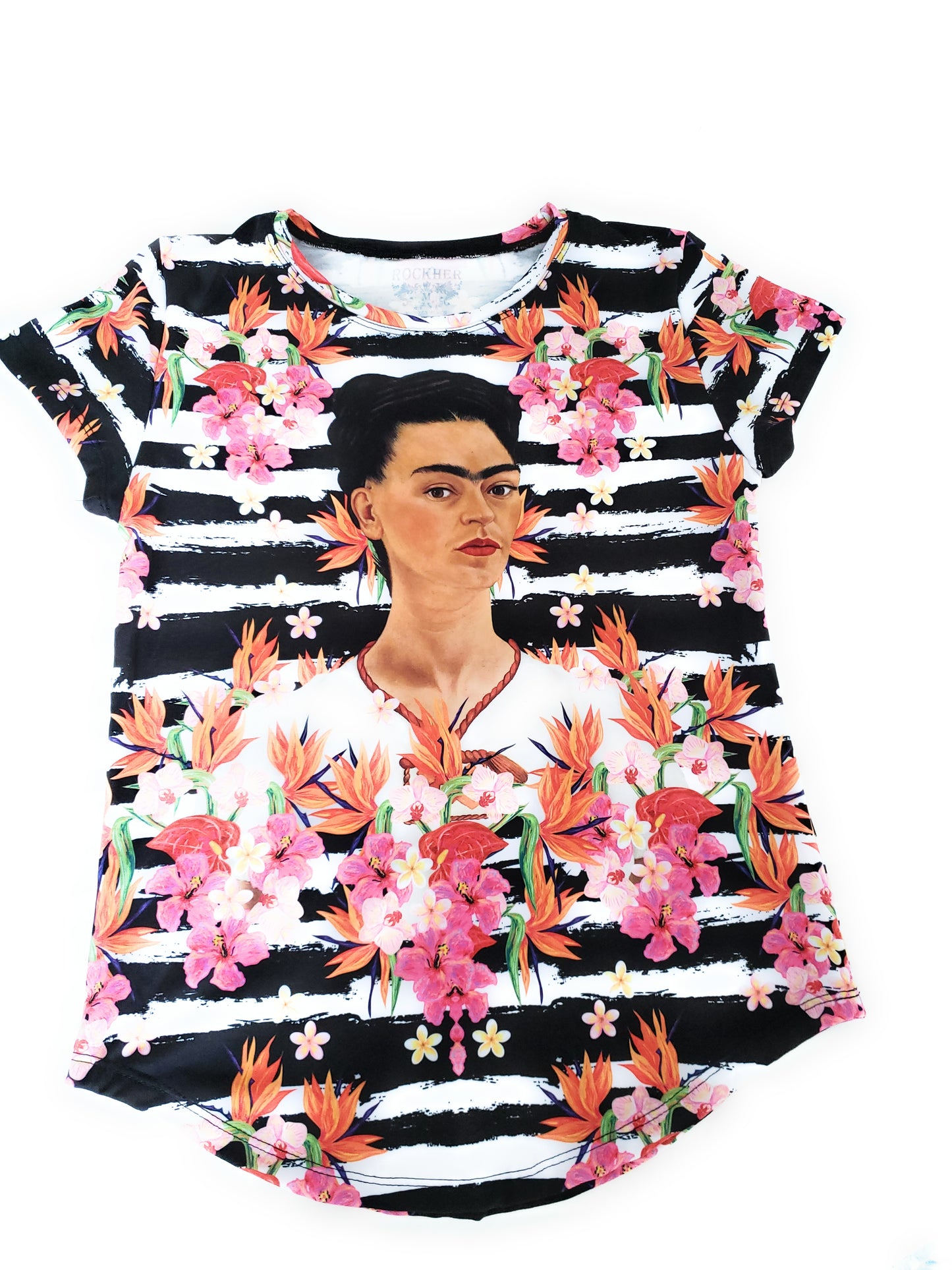 Frida Kahlo Full Print Graphic Tee Mexican T-Shirt Black Striped - The Little Pueblo