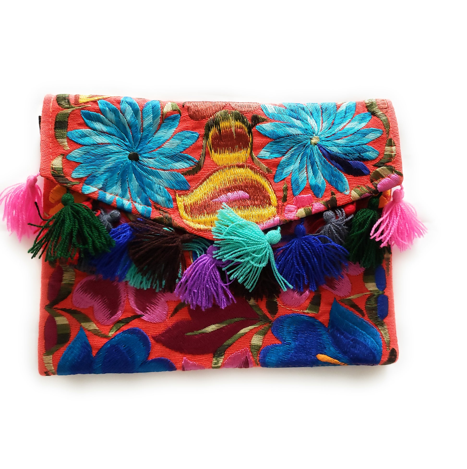 Mexican Embroidered Clutch Bag With Tassels Handmade Colorful - The Little Pueblo