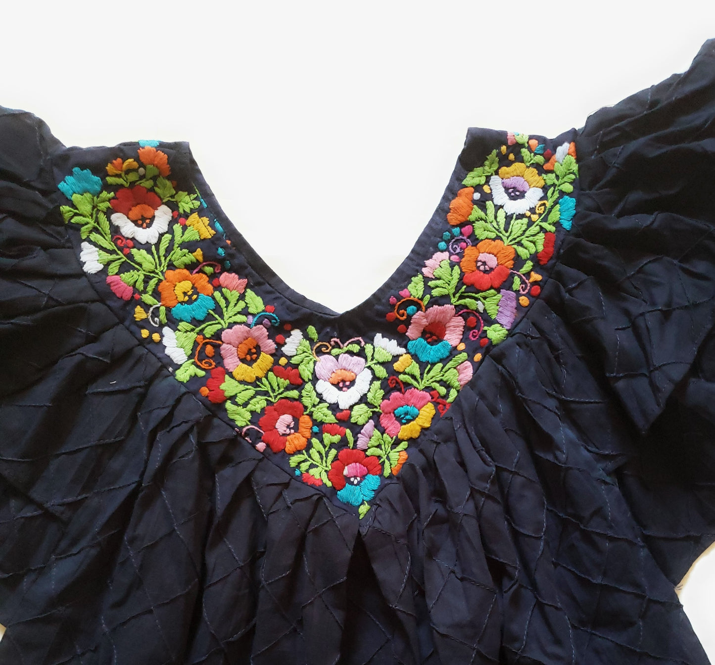 Embroidered Floral Mexican Dress with Ruffle Sleeves