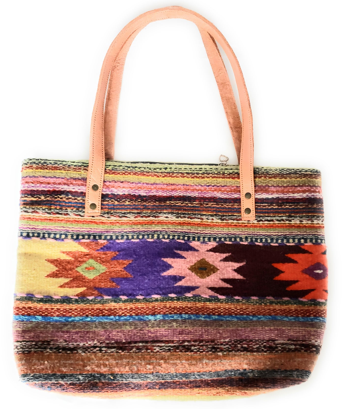 Zapotec Wool  Large Shoulder Tote Bag with Leather Strap