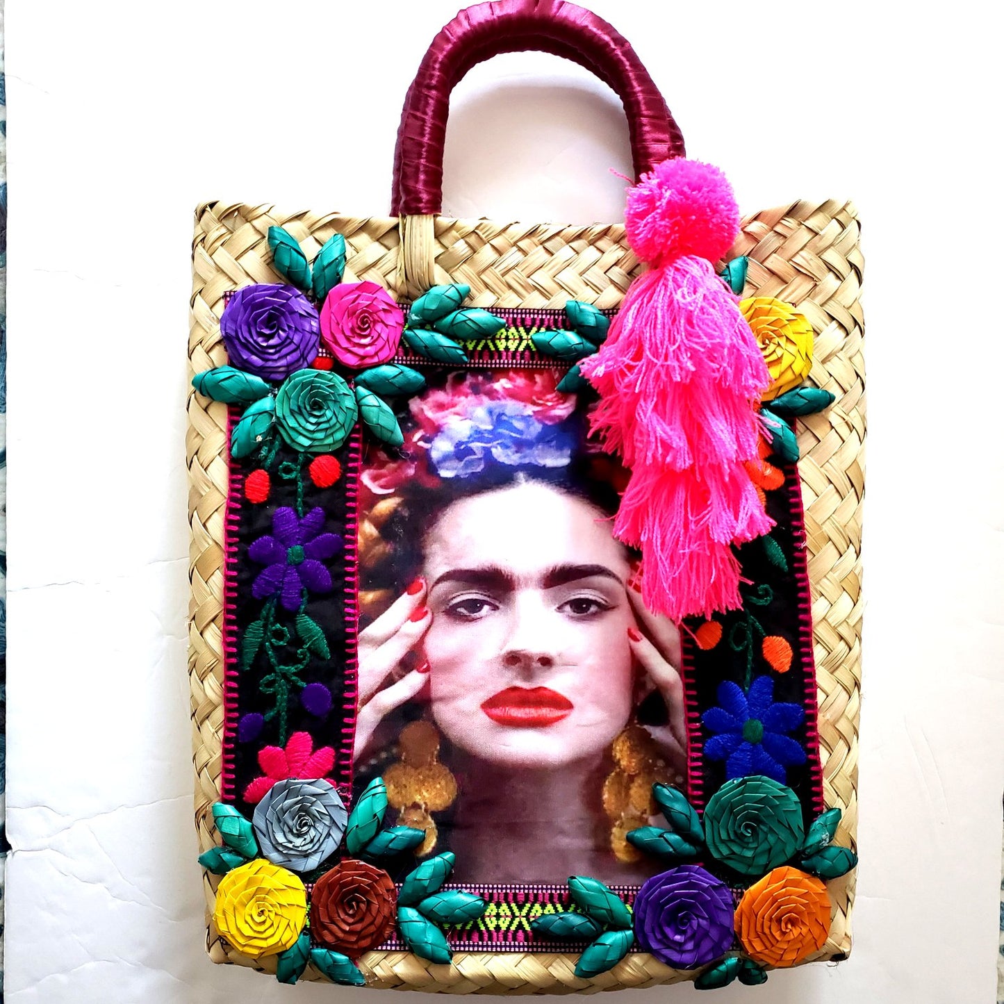 Frida Kahlo Handwoven Palm Tote Bag With Tassel