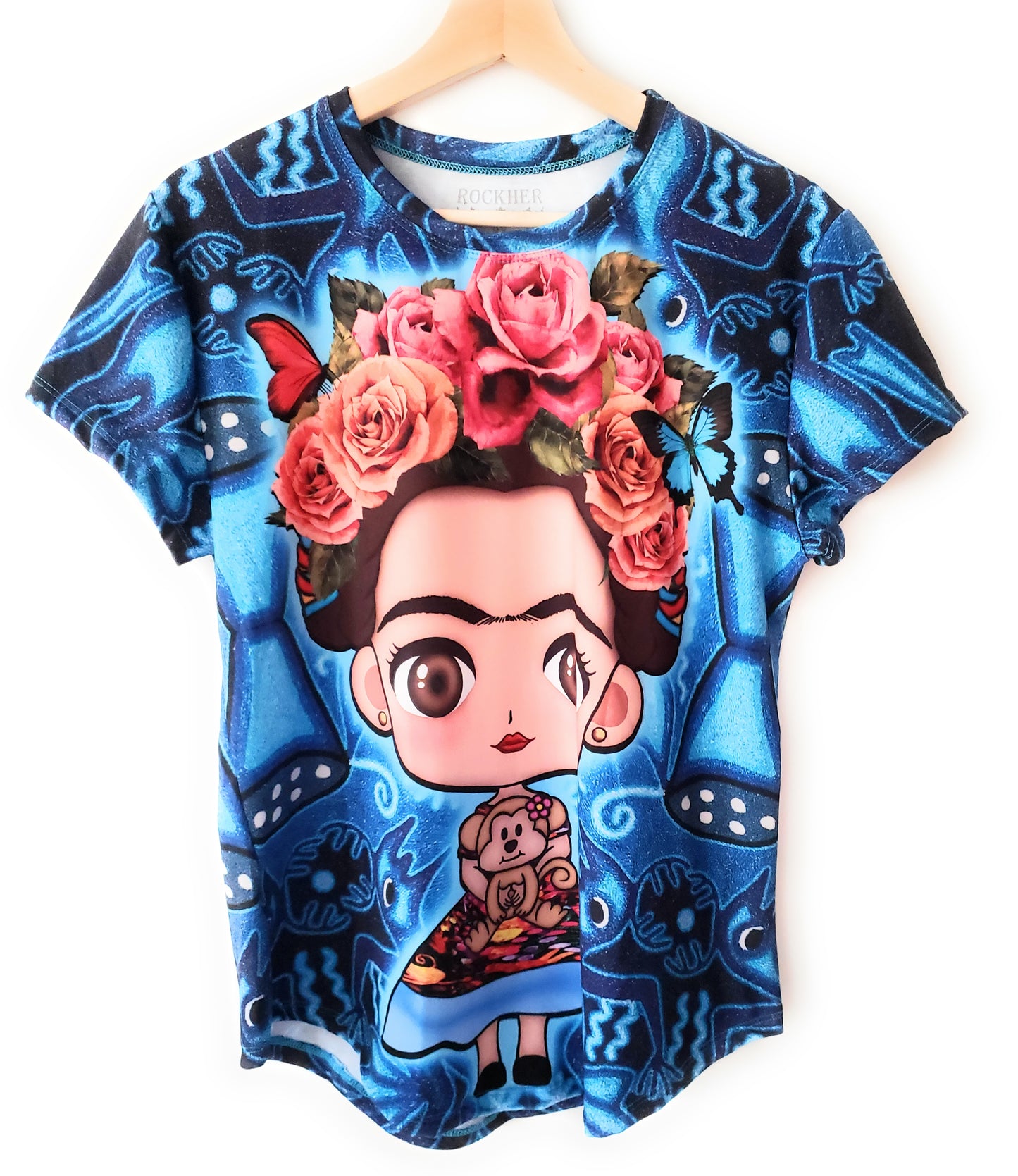 Frida Kahlo Full Print Blue Graphic Tee Floral Mexican T-Shirt