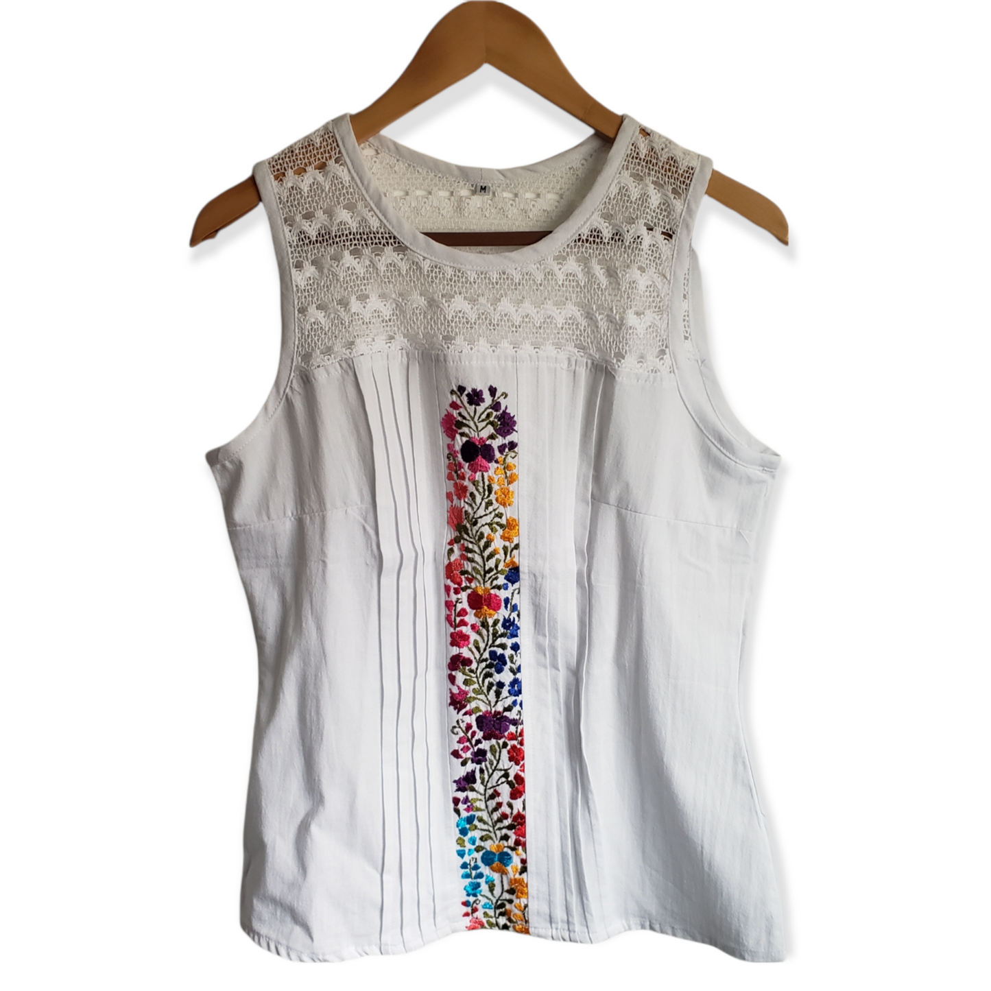 Traditional Mexican Embroidered Crochet Pleated Shirt Floral Top Handmade Oaxaca Floral