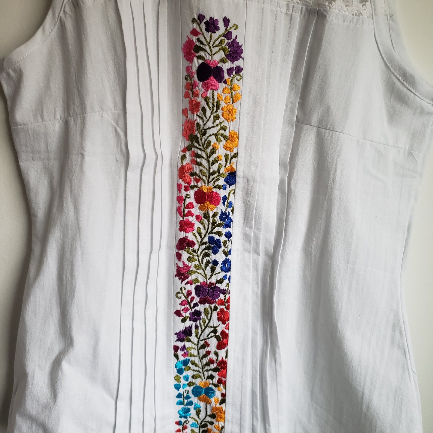 Traditional Mexican Embroidered Crochet Pleated Shirt Floral Top Handmade Oaxaca Floral