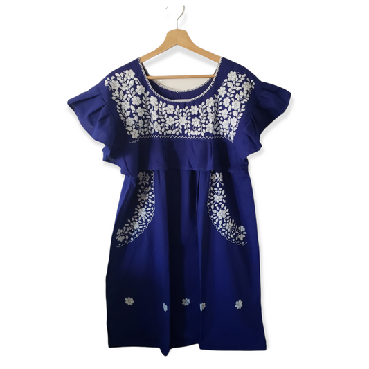Peasant Hand Embroidered Floral Mexican Blue Dress