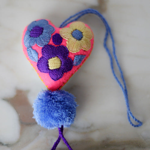 Heart - Small - Mexican Heart Embroidered Felt Ornament Decoration with Tassels - The Little Pueblo