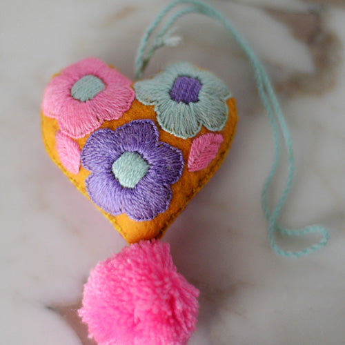 Heart - Small - Mexican Heart Embroidered Felt Ornament Decoration with Tassels - The Little Pueblo