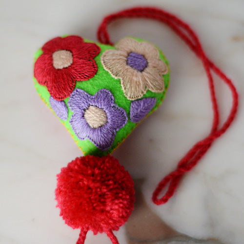 Heart - Small - Mexican Heart Embroidered Felt Ornament Decoration with Tassels - The Little Pueblo